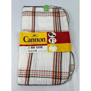 VTG Cannon 3 Piece Dish Cloths Set 14x15 In Cotton White Brown & Orange Plaid